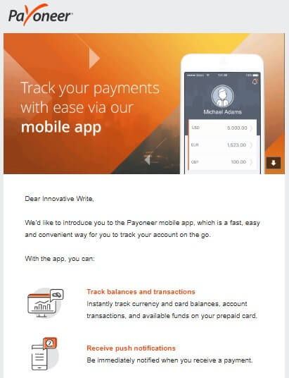 9 excellent example of a value email from Payoneer