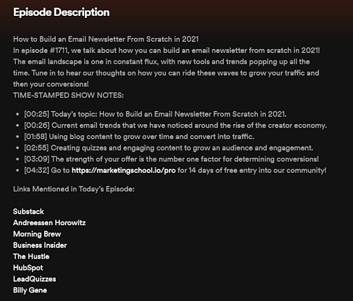 Provide additional information on each of your episode