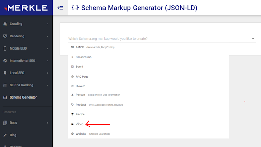 Go to Schema markup Generator by Merkle and choose Video Schema.